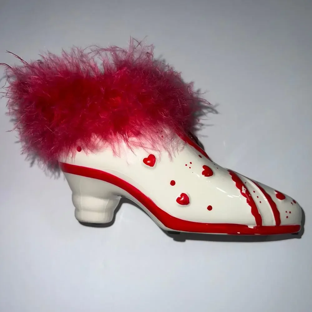 Porcelain Shoe Planter Vase Decorative Dish Feather Jewel Accent Pink Red